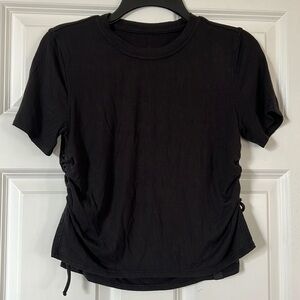 Black short sleeve tee,  super soft ribbed cotton,  drawstring gathered on sides